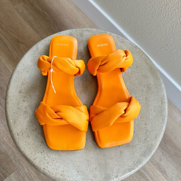 Nubikk Shoes - Nubikk Leather Foam Square Toe Braided Puffy Slide Sandals in Orange Mango